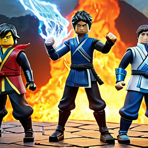 Home 15 **
A dynamic group shot of Kai, Jay, Zane, Nya, and Lloyd standing back-to-back in a fighting stance, showcasing their elemental powers (fire, lightning, ice, water, energy). Master Wu stands slightly behind them, looking wise and supportive. The backdrop should feature a stylized Ninjago landscape.
**