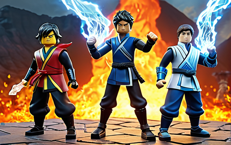 **

A dynamic group shot of Kai, Jay, Zane, Nya, and Lloyd standing back-to-back in a fighting stance, showcasing their elemental powers (fire, lightning, ice, water, energy). Master Wu stands slightly behind them, looking wise and supportive. The backdrop should feature a stylized Ninjago landscape.

**