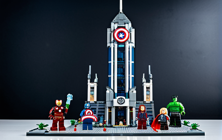 A grand, towering LEGO Marvel Avengers Tower set (76269), illuminated to highlight its immense height and intricate architectural details. The building stands majestically in a professional display setting, with several iconic LEGO minifigures, including Iron Man and Captain America, posed dynamically near its base, showcasing their exquisite detailing. The scene emphasizes the epic scale and engineering marvel of the set. Professional photography, high-quality, sharp focus, vibrant colors, perfect anatomy (for LEGO figures), correct proportions, natural pose, well-formed hands, proper finger count, natural body proportions, safe for work, appropriate content, fully clothed, professional, family-friendly.